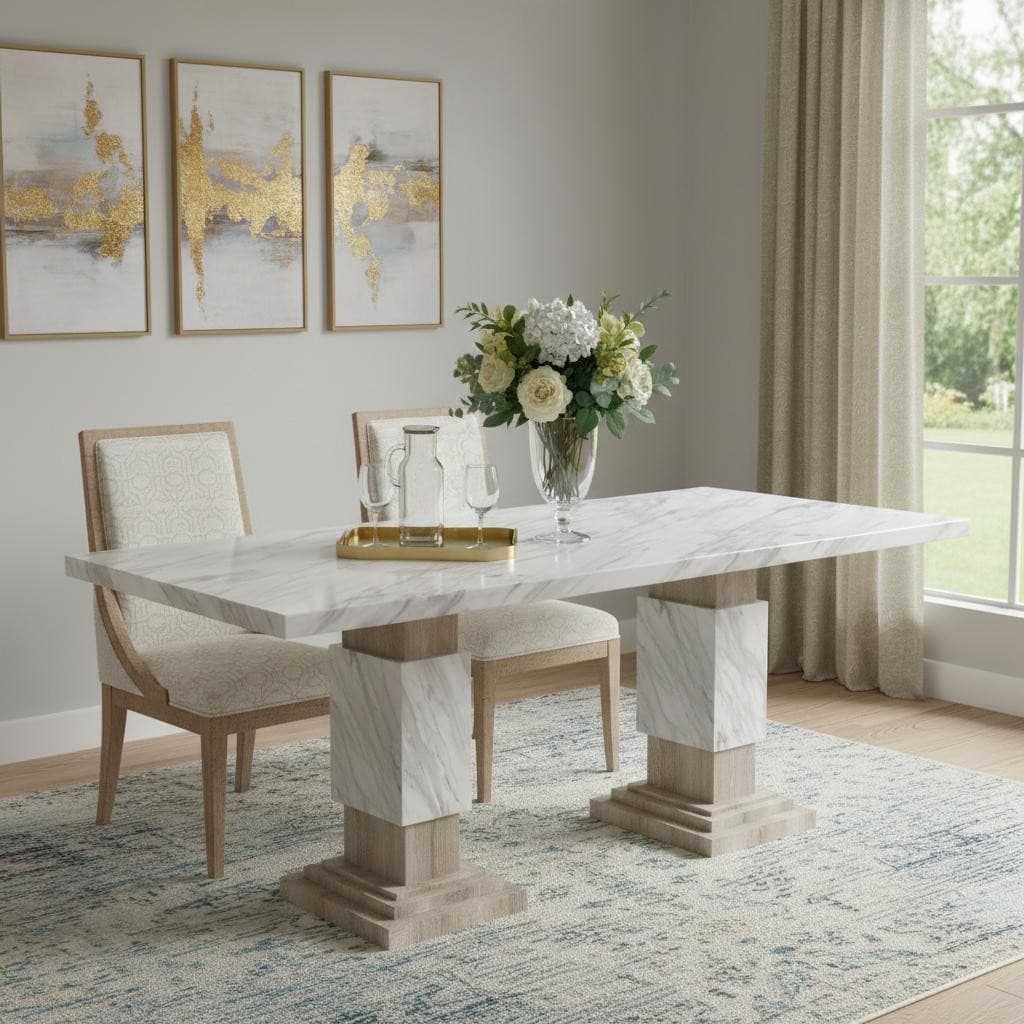 Homeroots 82 White And Natural Faux Marble And Wood Double Pedestal Base Dining Table 82.00 In. X 30.00 In. X 40.00 In.