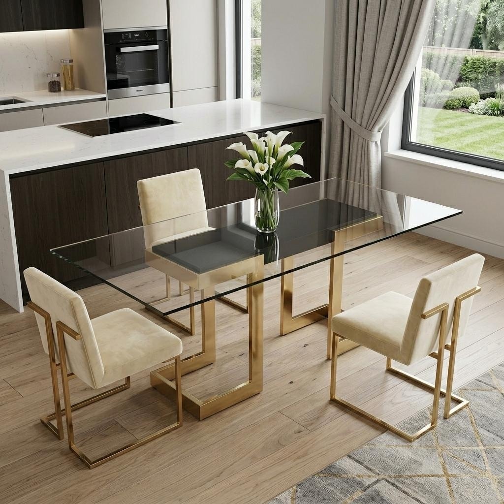 Homeroots 87 Clear And Gold Glass And Stainless Steel Double Pedestal Base Dining Table 87.00 In. X 30.00 In. X 39.00 In.