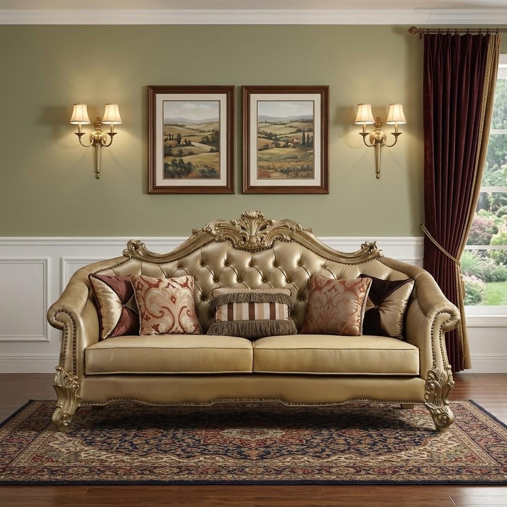 Homeroots 89 Bone Faux Leather Sofa And Toss Pillows With Gold Legs
