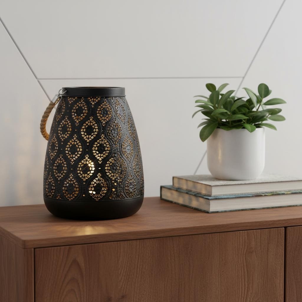 Homeroots 8 Black Metal Battery Operated Pierced Geometric Lantern 6.30 In. X 7.87 In. X 6.30 In.