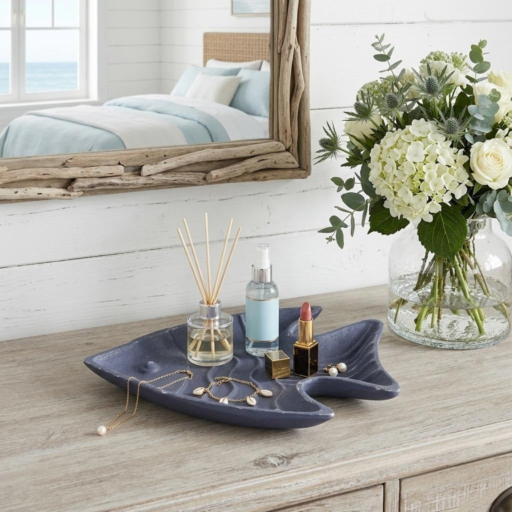 Homeroots 8 Blue Angel Fish Cast Iron Vanity Tray Tray 7.50 In. X 1.00 In. X 7.75 In.