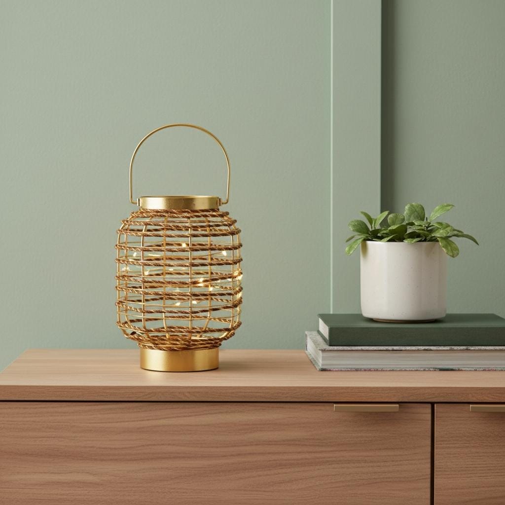 Homeroots 8 Distressed Gold Geometric Lantern Desk Lamp With Novelty Shade 6.00 In. X 8.00 In. X 6.00 In.