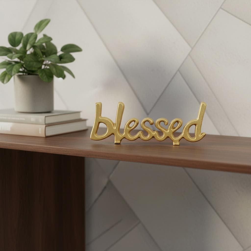 Homeroots 8 Gold Cast Iron Blessed Hand Painted Tabletop Sculpture 7.75 In. X 2.75 In. X 0.75 In.