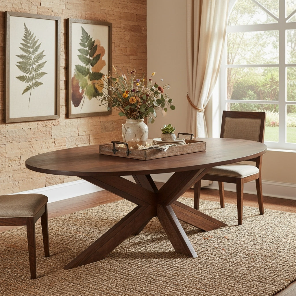 Homeroots 92 Brown Solid Wood Cross Leg Base Oval Dining Table 92.00 In. X 30.00 In. X 42.00 In.