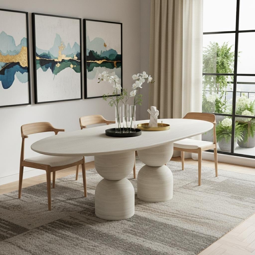 Homeroots 94 Beige Marble Double Pedestal Base Oval Dining Table 94.00 In. X 30.00 In. X 47.00 In.
