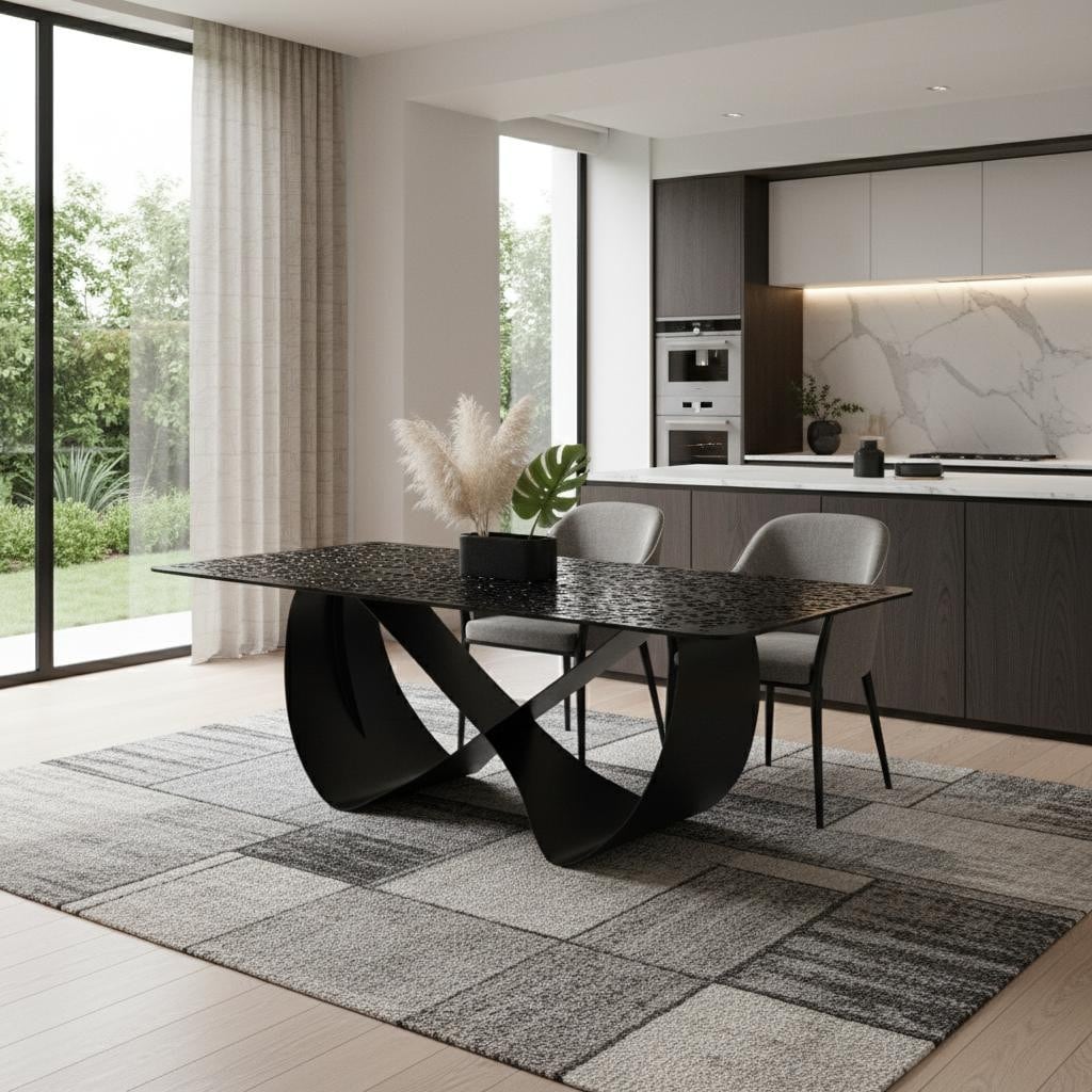 Homeroots 94 Black Glass And Brass Double Geo Pedestal Base Dining Table 94.00 In. X 30.00 In. X 47.00 In.