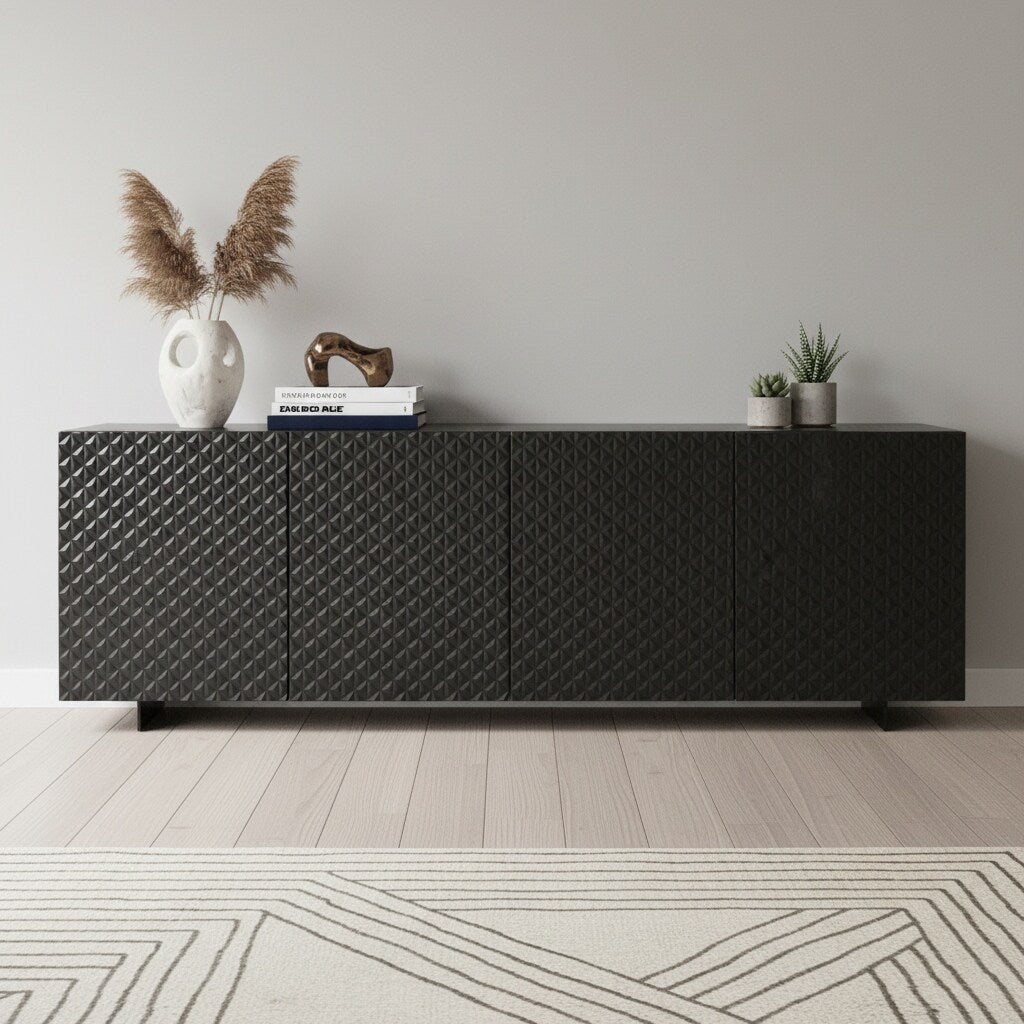 Homeroots 94 Dark Gray Wood Carved Geometric Sideboard With Four Doors 94.00 In. X 30.00 In. X 20.00 In.