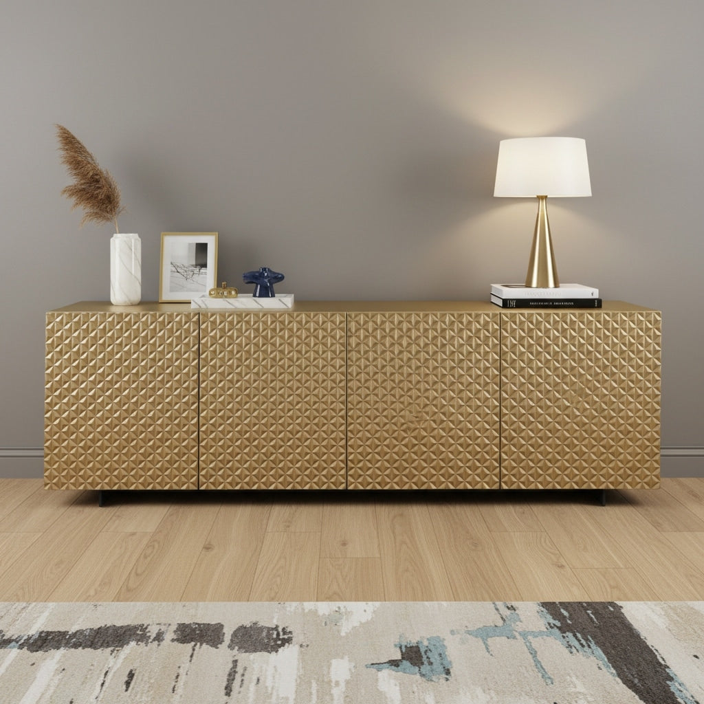 Homeroots 94 Gold Wood Carved Geometric Sideboard With Four Doors 94.00 In. X 30.00 In. X 20.00 In.