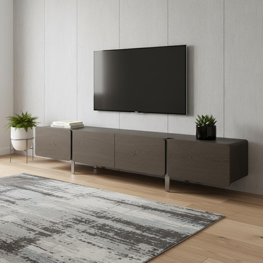 Homeroots 95 Ash Gray And Nickel Wood And Stainless Steel Enclosed Storage Tv Stand 95.00 In. X 20.00 In. X 17.00 In.