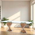 Homeroots 95 Clear And Brown Glass And Solid Wood Double Pedestal Base Dining Table 95.00 In. X 29.50 In. X 43.00 In.