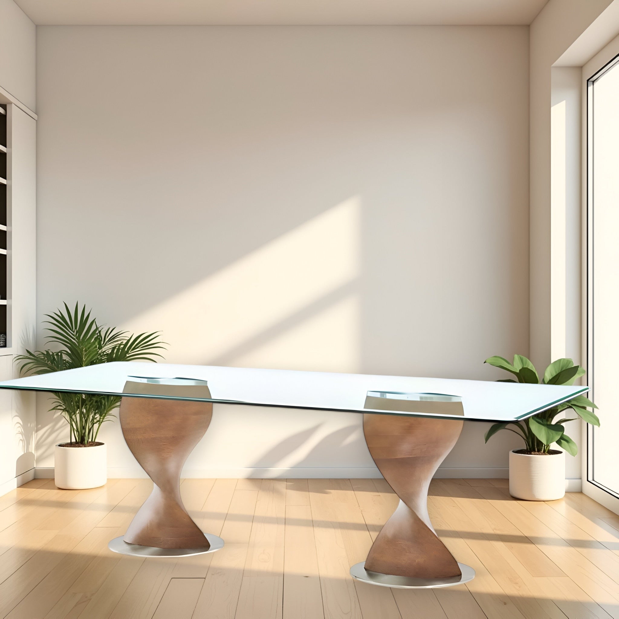 Homeroots 95 Clear And Brown Glass And Solid Wood Double Pedestal Base Dining Table 95.00 In. X 29.50 In. X 43.00 In.