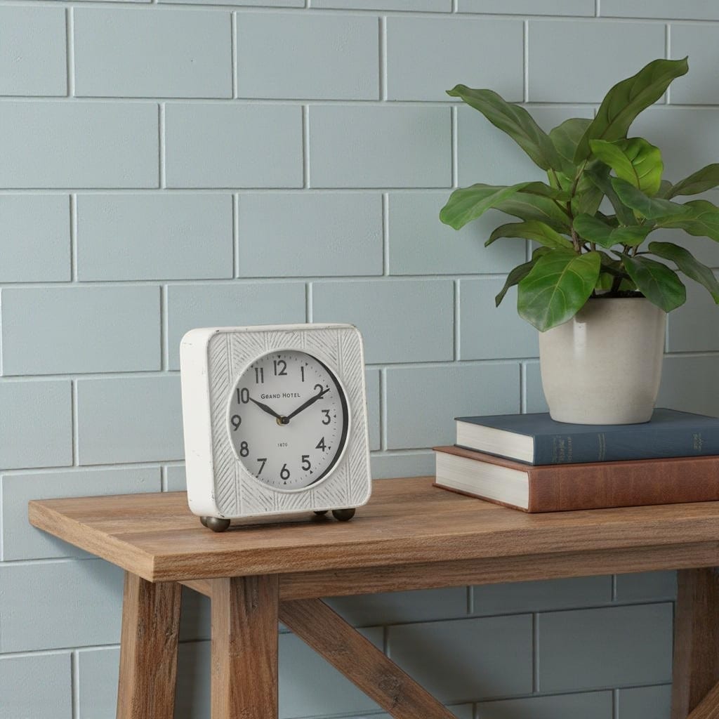 Homeroots 9 White Iron Square Table Clock 8.00 In. X 8.75 In. X 2.75 In.