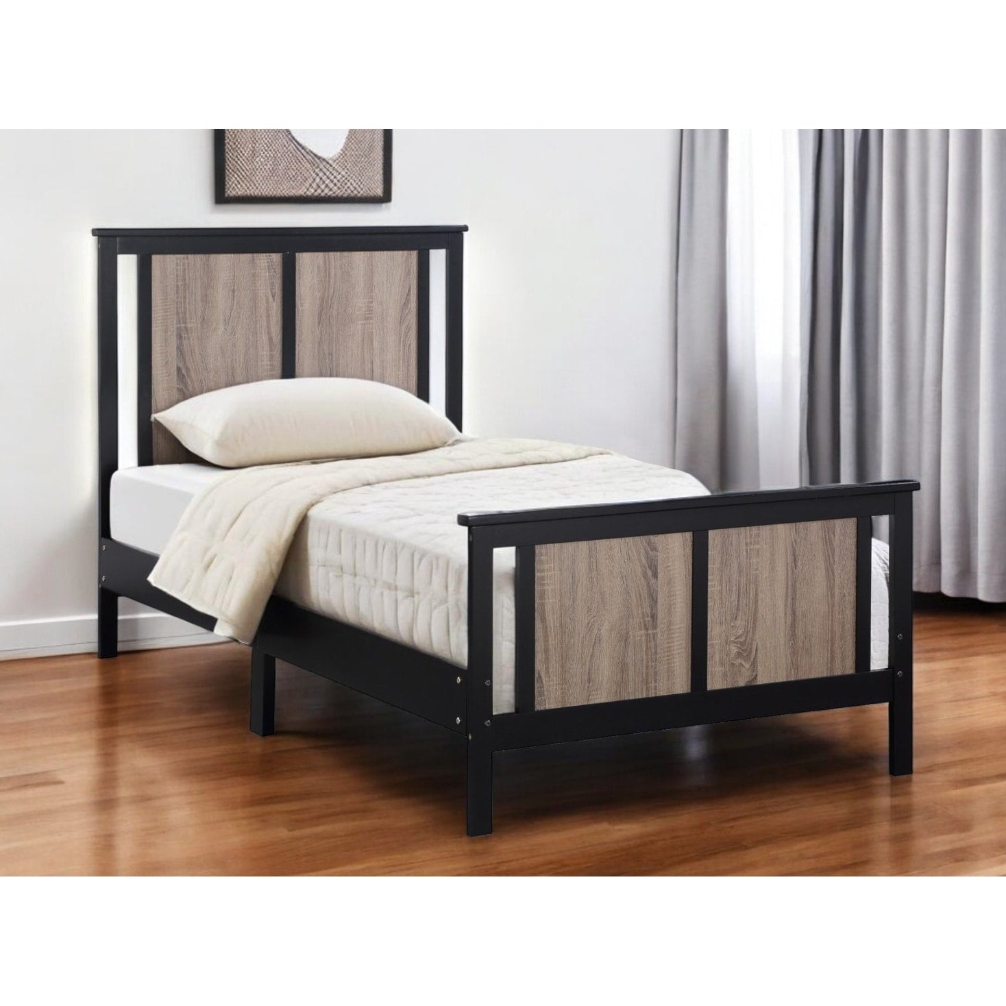Homeroots Black And Walnut Reversible Solid Wood Twin Bed Frame