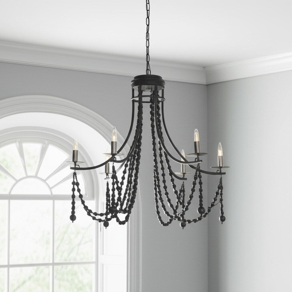 Homeroots Black Candle Style Six Light Metal And Beads Dimmable Chandelier 33.27 In. X 96.85 In. X 37.80 In.