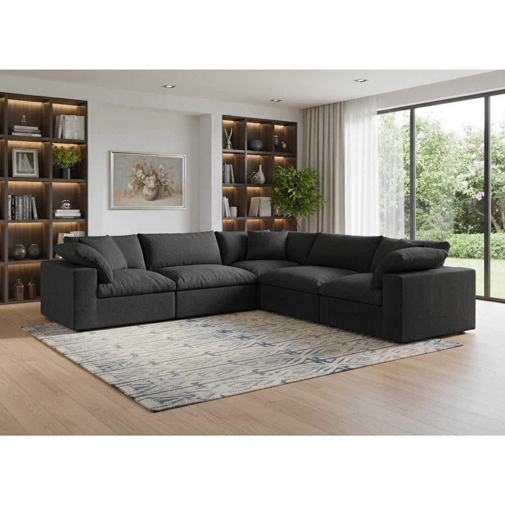 Homeroots Black Linen Blend Modular L Shaped Five Piece Corner Sectional