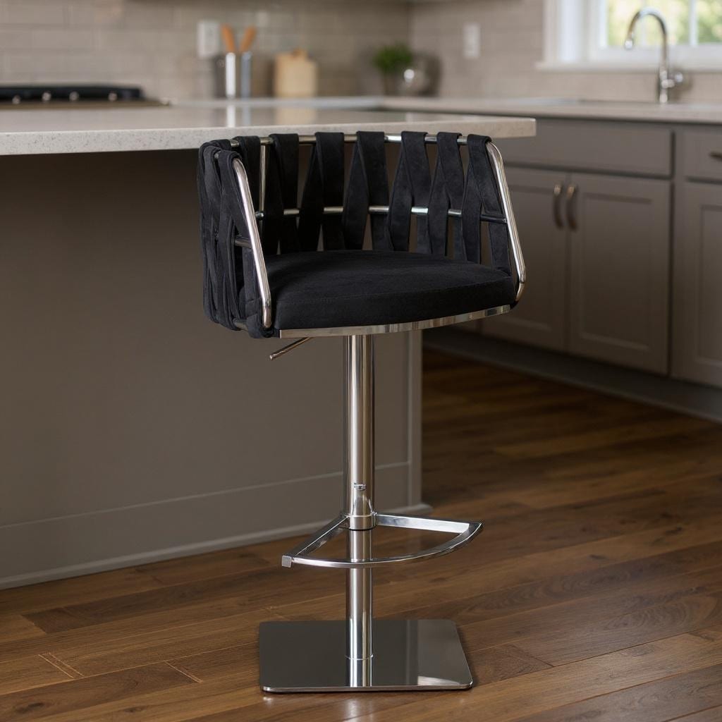 Homeroots Black And Silver Velvet And Steel Low Back Adjustable Height Swivel Bar Chair