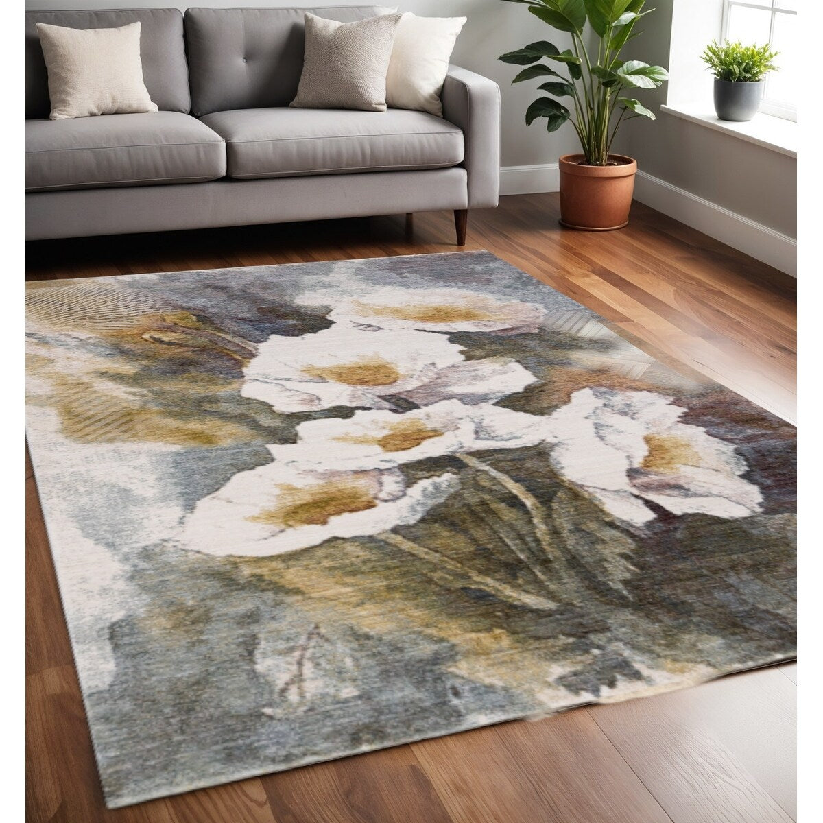 Homeroots Botanical Leaves Modern Rectangle Area Rug 5 X 8