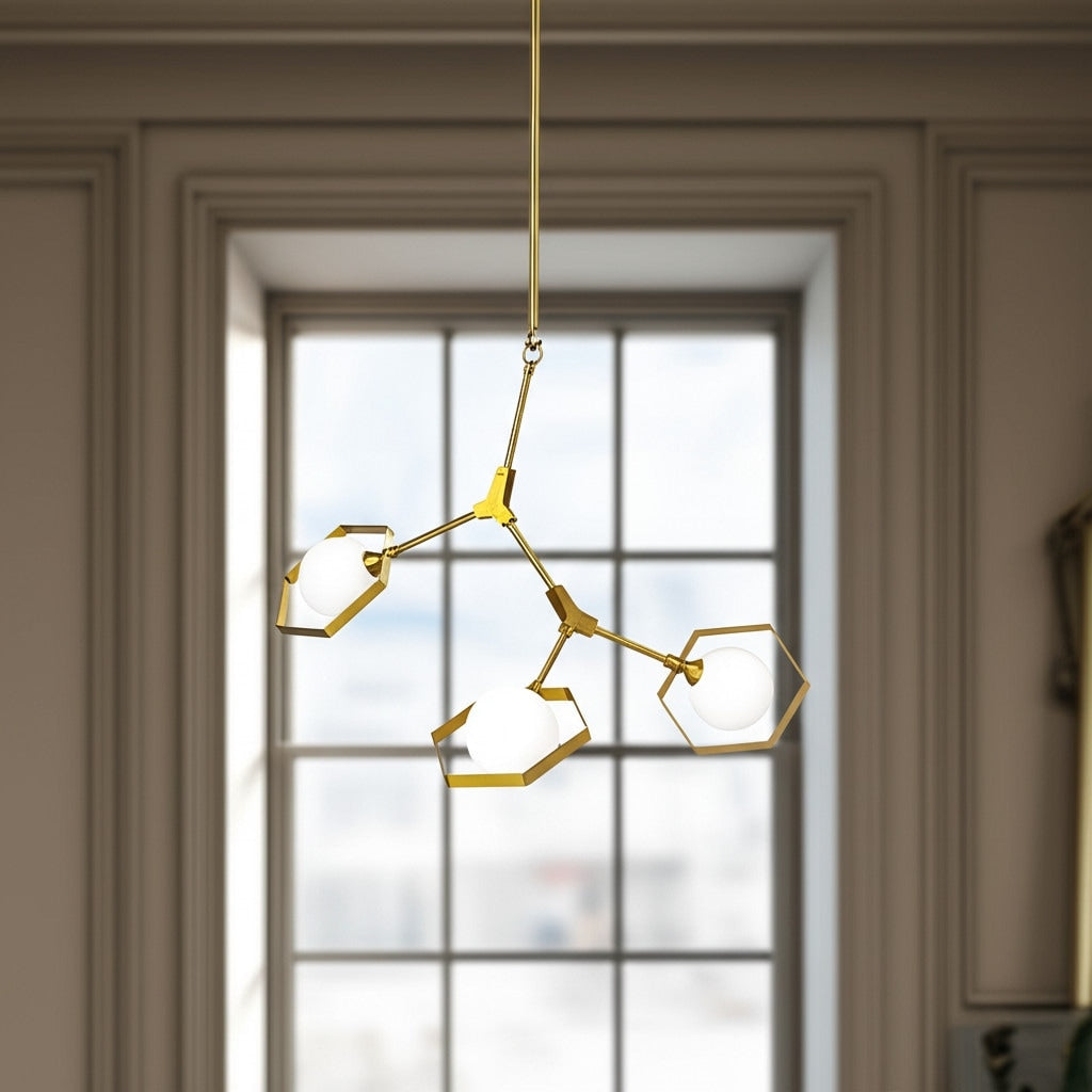 Homeroots Brass Unique Statement Three Light Metal And Glass Dimmable Chandelier With White Shades