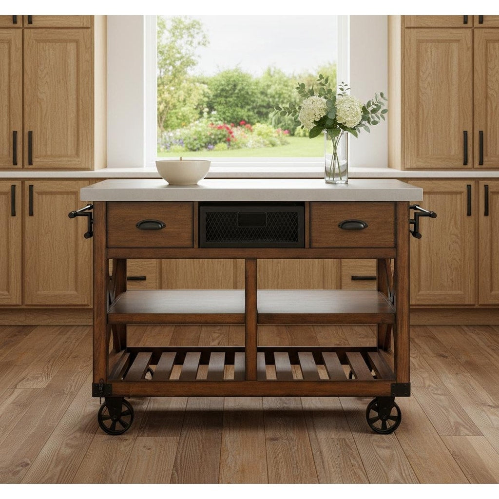 Homeroots Brown And Silver 48 Rolling Kitchen Cart With Storage 48.00 In. X 36.00 In. X 26.00 In.