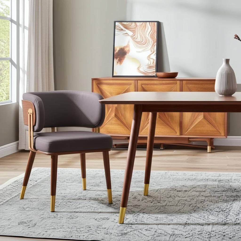 Homeroots Brown And Walnut Upholstered Faux Leather Curved Back Dining Arm Chair 21.30 In. X 28.00 In. X 20.50 In.