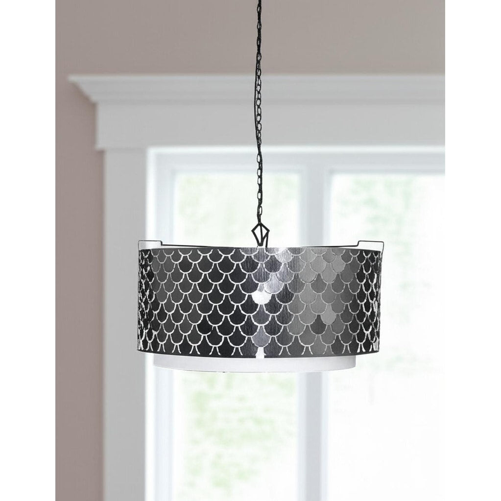 Homeroots Charcoal Black And White Drum Metal Dimmable Chandelier With Black Shades 26.00 In. X 15.00 In. X 26.00 In.