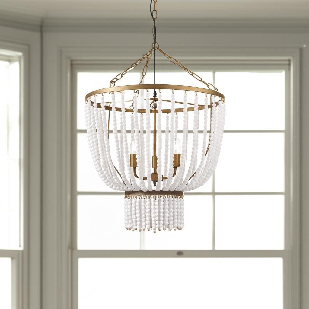 Homeroots Gold And White Empire Three Light Metal And Beads Dimmable Chandelier 26.38 In. X 88.58 In. X 26.38 In.