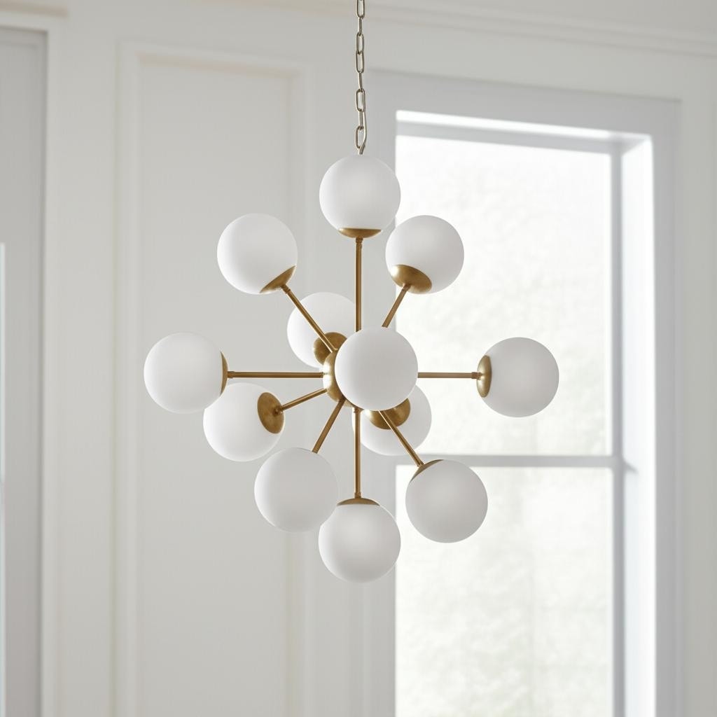 Homeroots Gold Sputnik Eleven Light Frosted Metal And Glass Dimmable Chandelier With White Shades