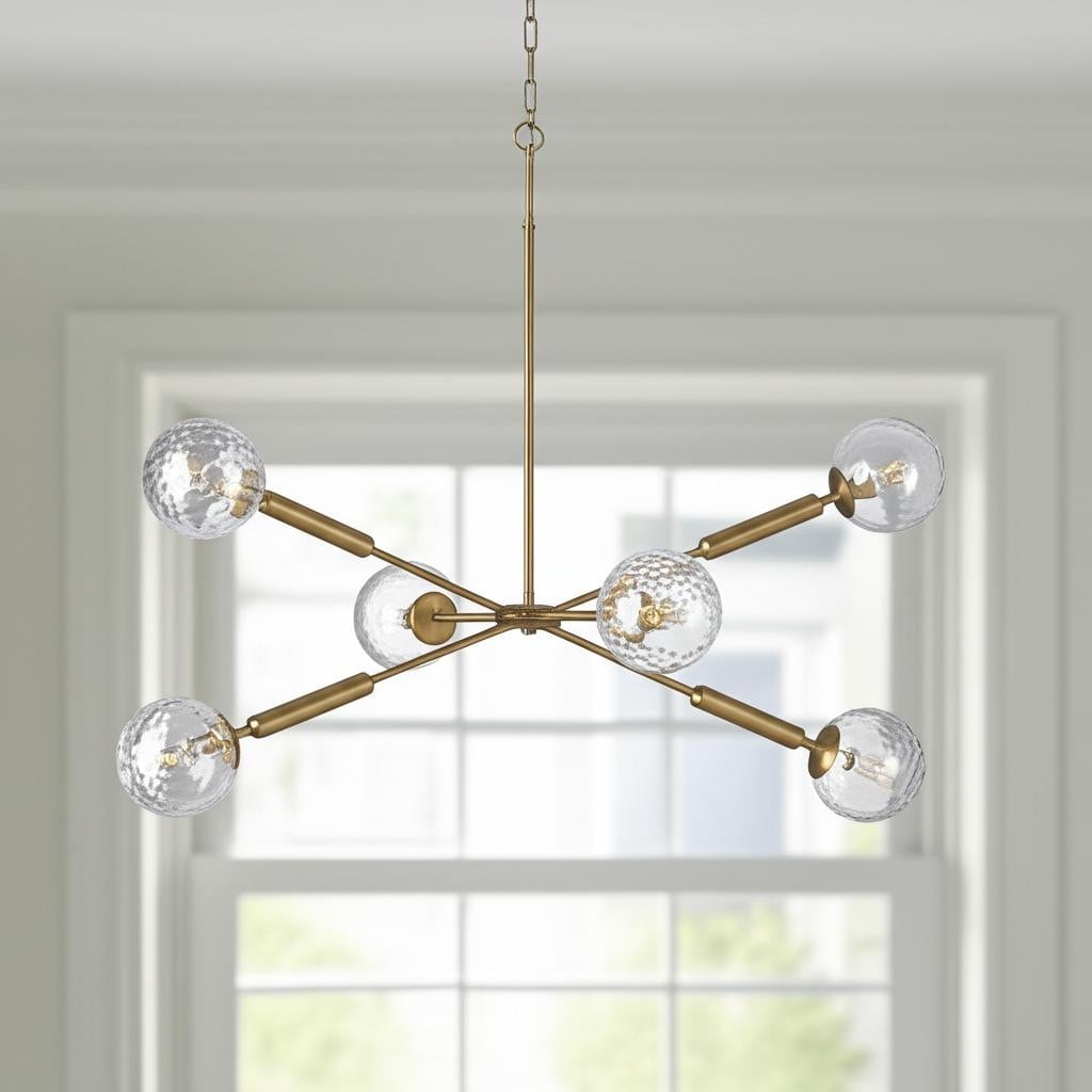 Homeroots Gold Sputnik Six Light Metal And Glass Dimmable Chandelier With Clear Shades 27.00 In. X 33.00 In. X 47.00 In.