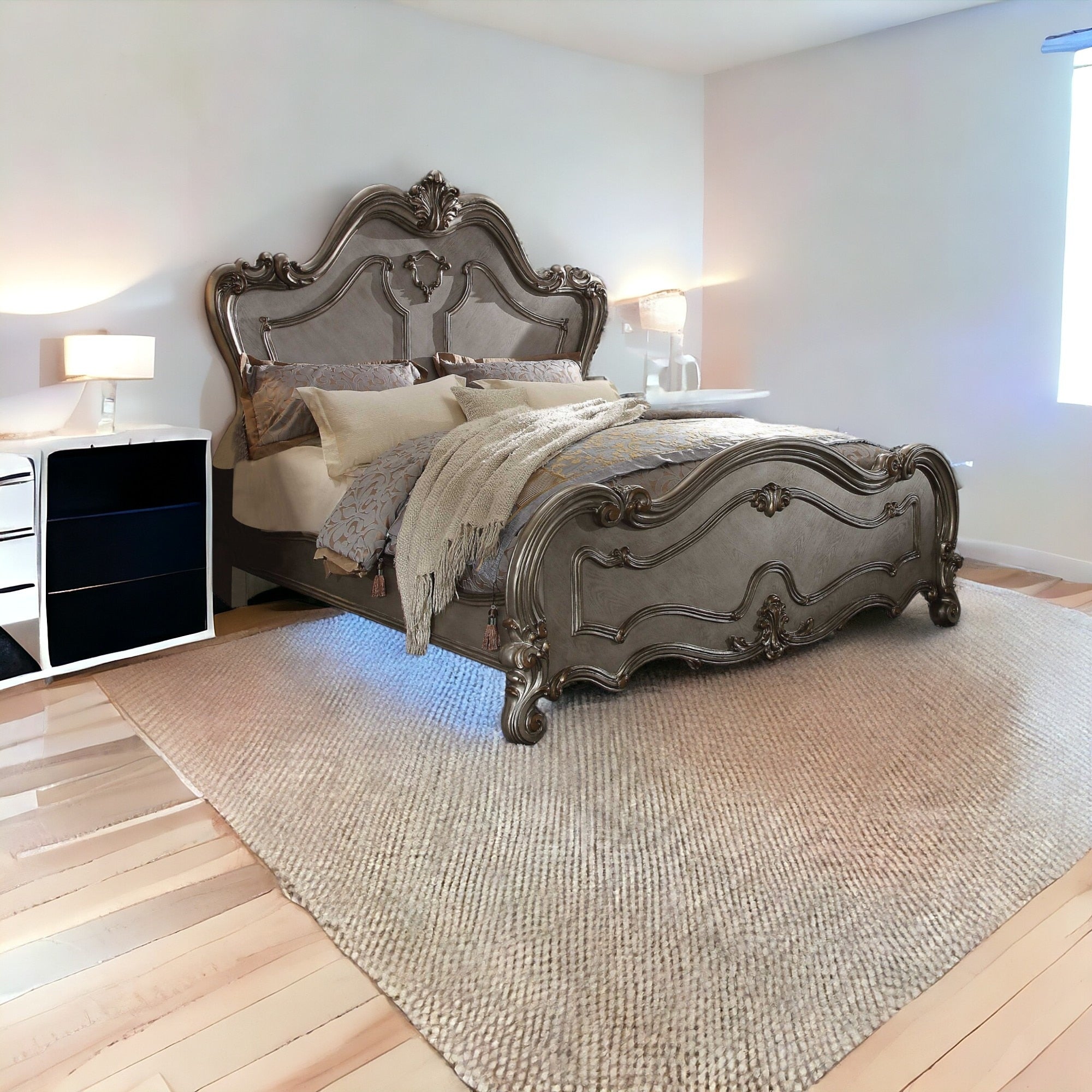 Homeroots Gray Carved Scrollwork Wood Queen Bed Frame