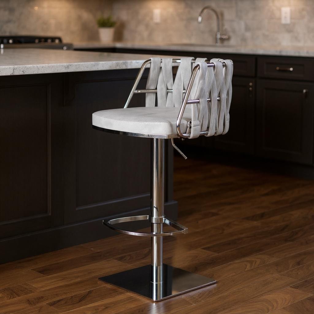 Homeroots Gray And Silver Velvet And Steel Low Back Adjustable Height Swivel Bar Chair