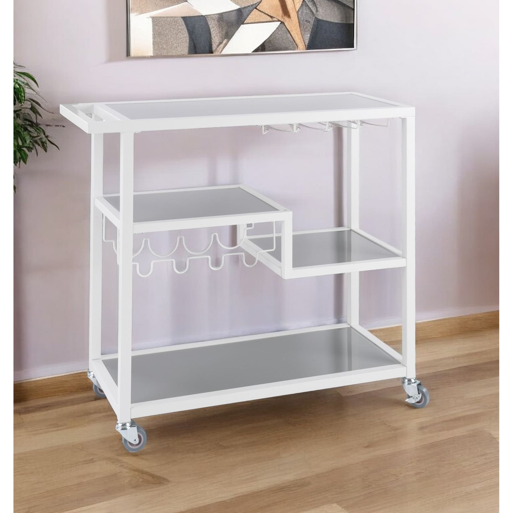 Homeroots Gray And White Metal And Glass Rolling Bar Cart With Wine Storage 40.00 In. X 37.25 In. X 16.00 In.