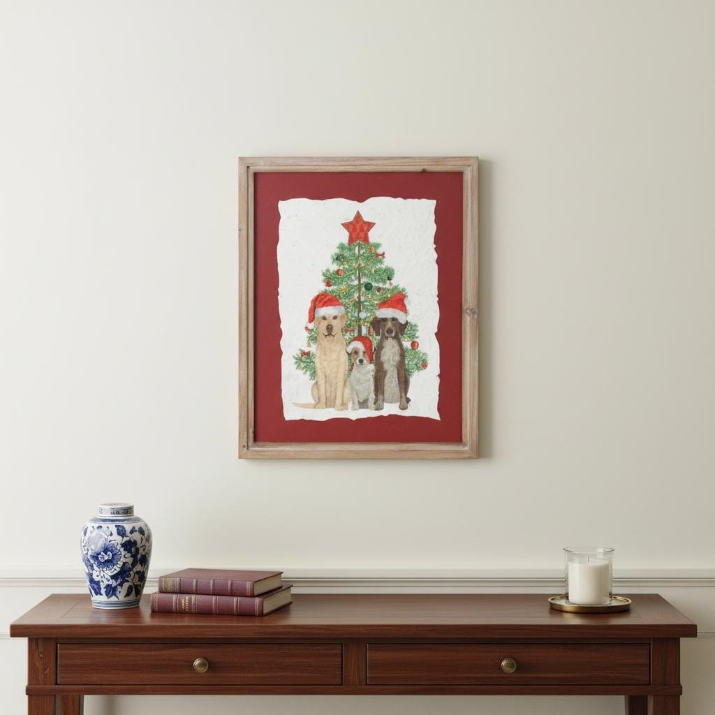Homeroots Holiday Dogs And Christmas Tree Brown Framed Wall Art