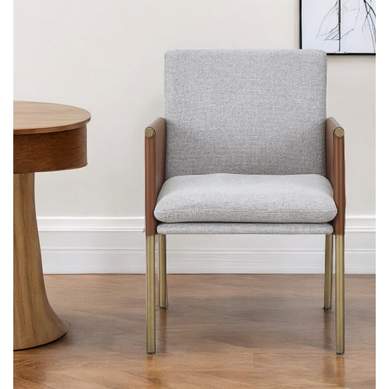 Homeroots Light Gray And Antiqued Brass Upholstered Fabric Dining Arm Chair 22.00 In. X 32.50 In. X 23.50 In.