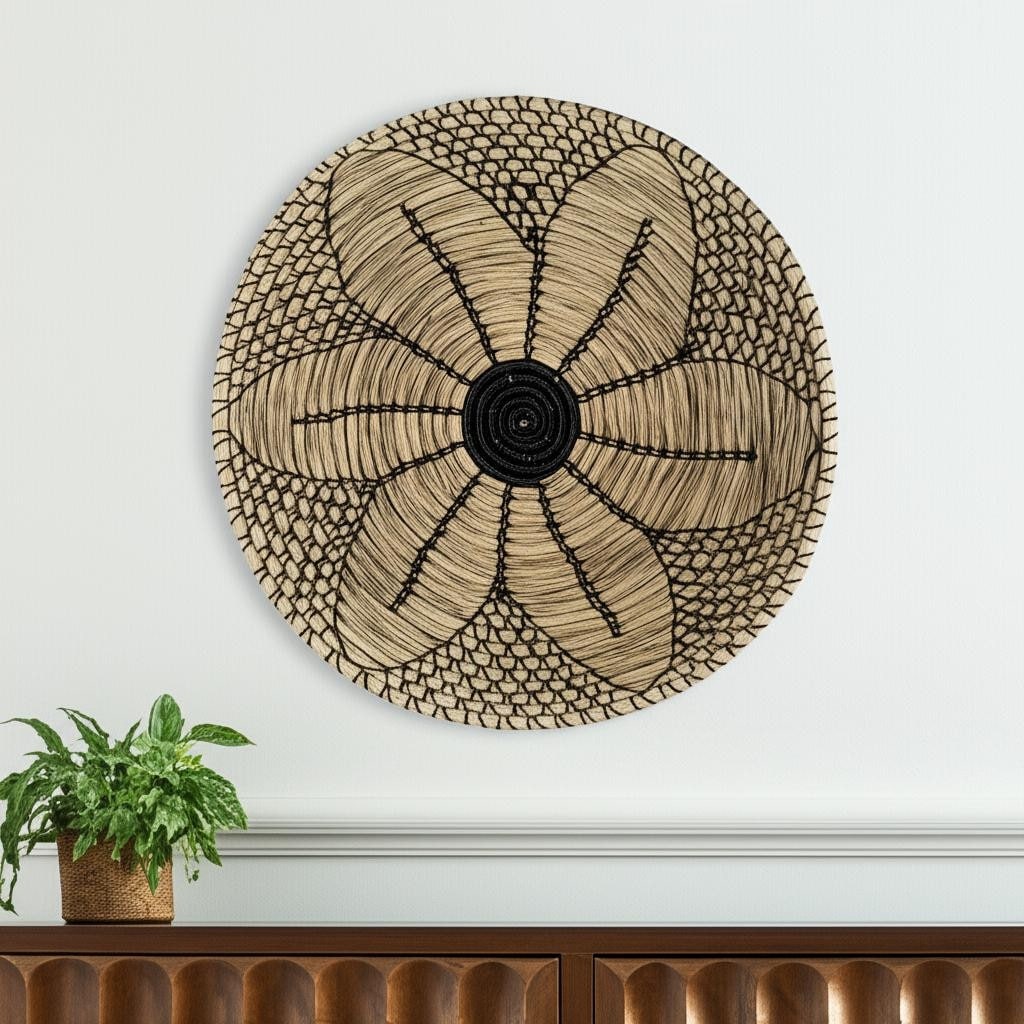 Homeroots Mekhi 24 X 24 Black And Light Brown Floral Seagrass Circle Hanging Dimensional Sculpture