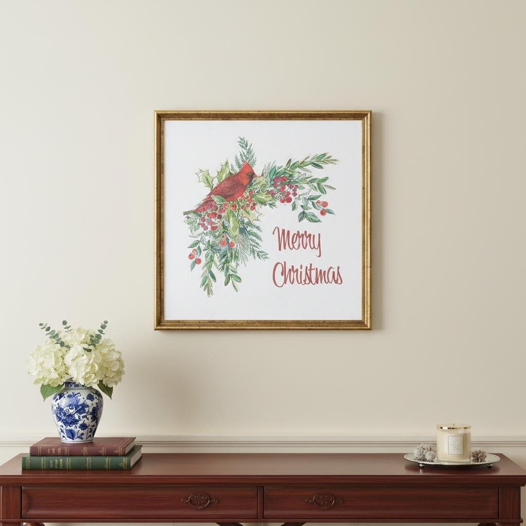 Homeroots Merry Christmas Cardinal Gold Framed Wall Art