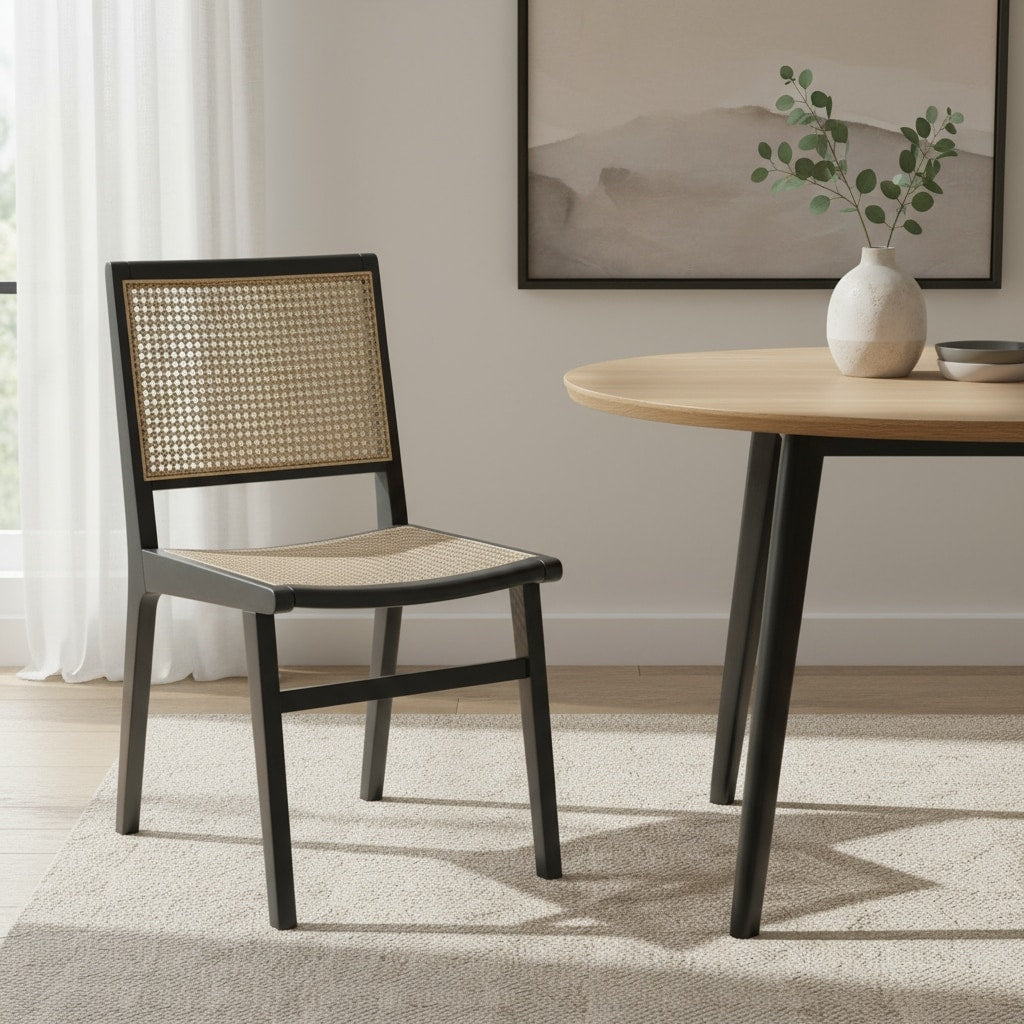 Homeroots Natural And Black Solid Wood And Cane Partially Open Back Dining Side Chair 18.00 In. X 35.00 In. X 23.50 In.