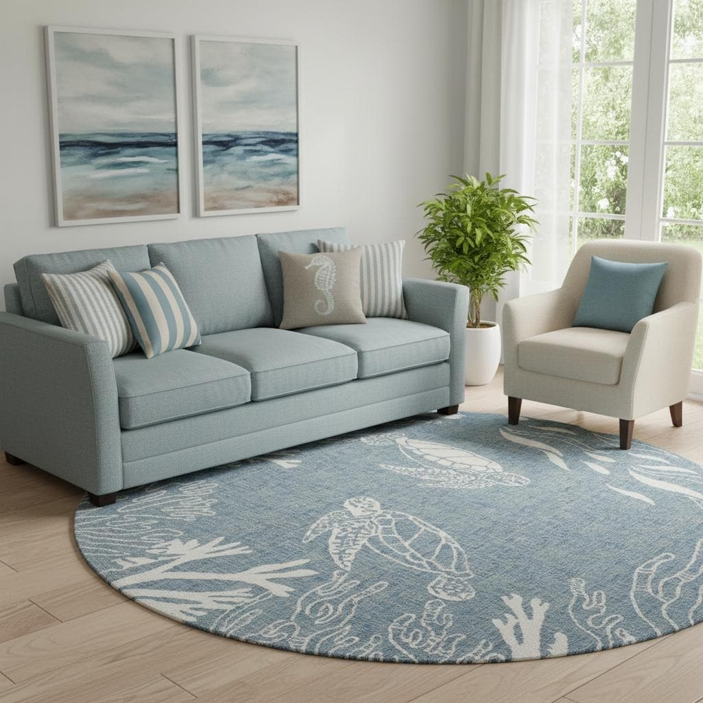 Homeroots Nautical Coastal Round Area Rug 8 Round