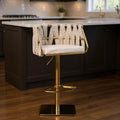 Homeroots Off White And Gold Faux Leather Linen And Steel Low Back Adjustable Height Swivel Bar Chair