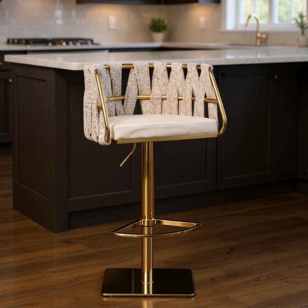 Homeroots Off White And Gold Faux Leather Linen And Steel Low Back Adjustable Height Swivel Bar Chair