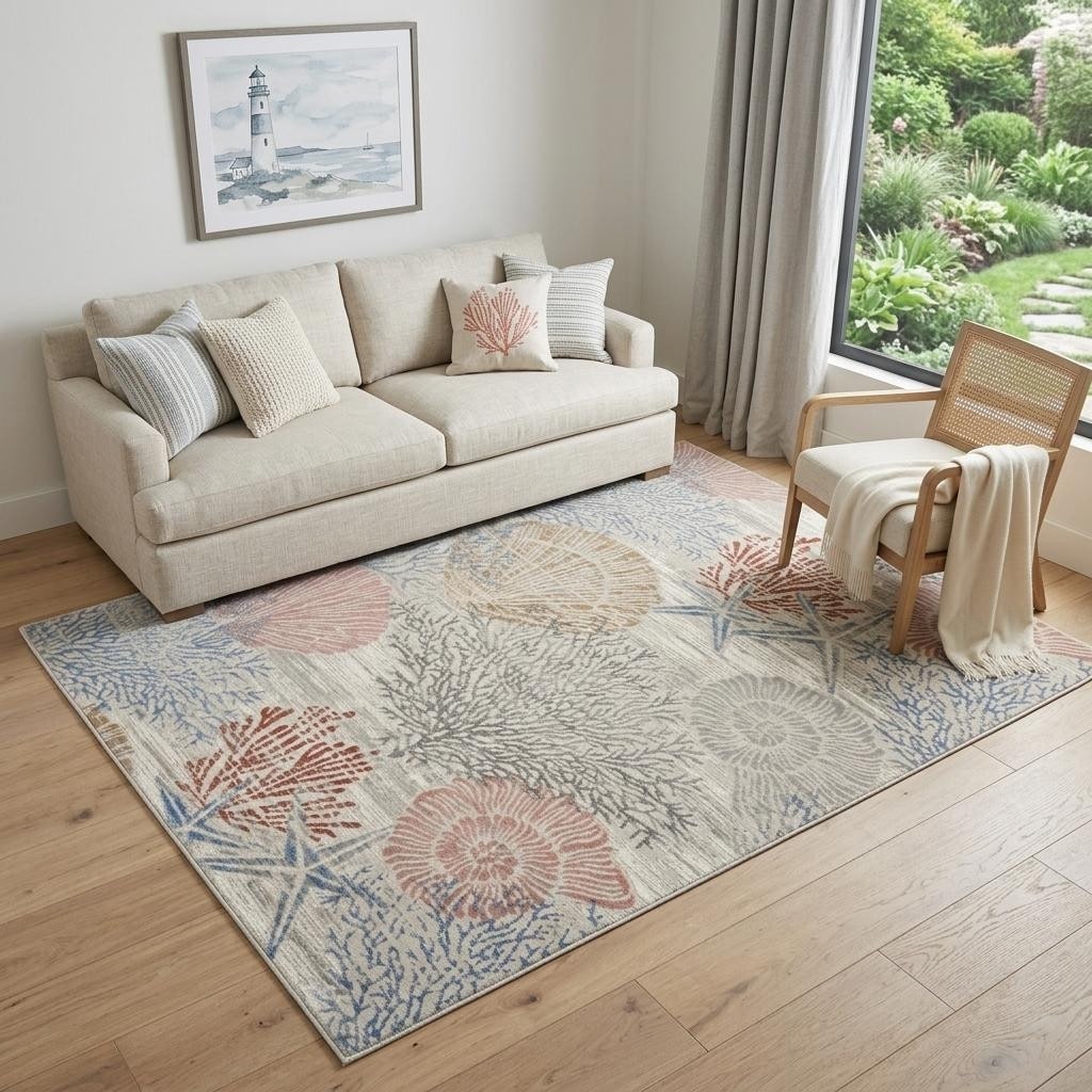 Homeroots Seashell And Coral Coastal Rectangle Area Rug