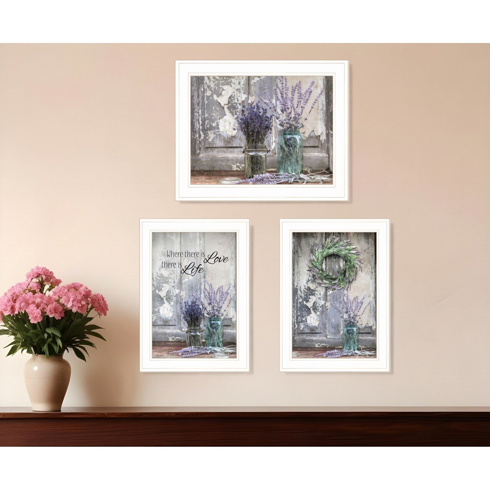 Homeroots Set Of Three Love Life And Lavender White Framed Print Wall Art