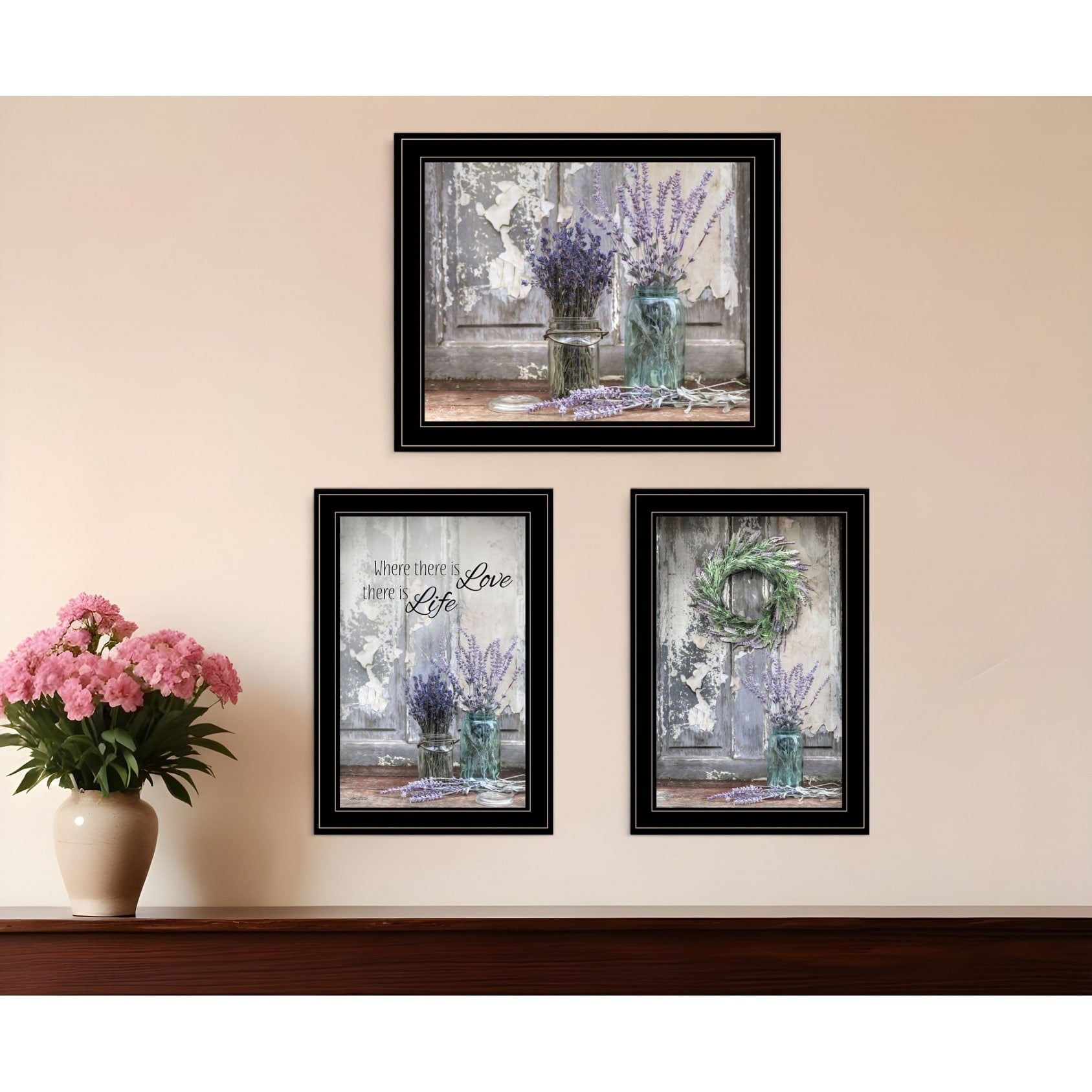 Homeroots Set Of Three Love Life And Lavender Black Framed Print Wall Art