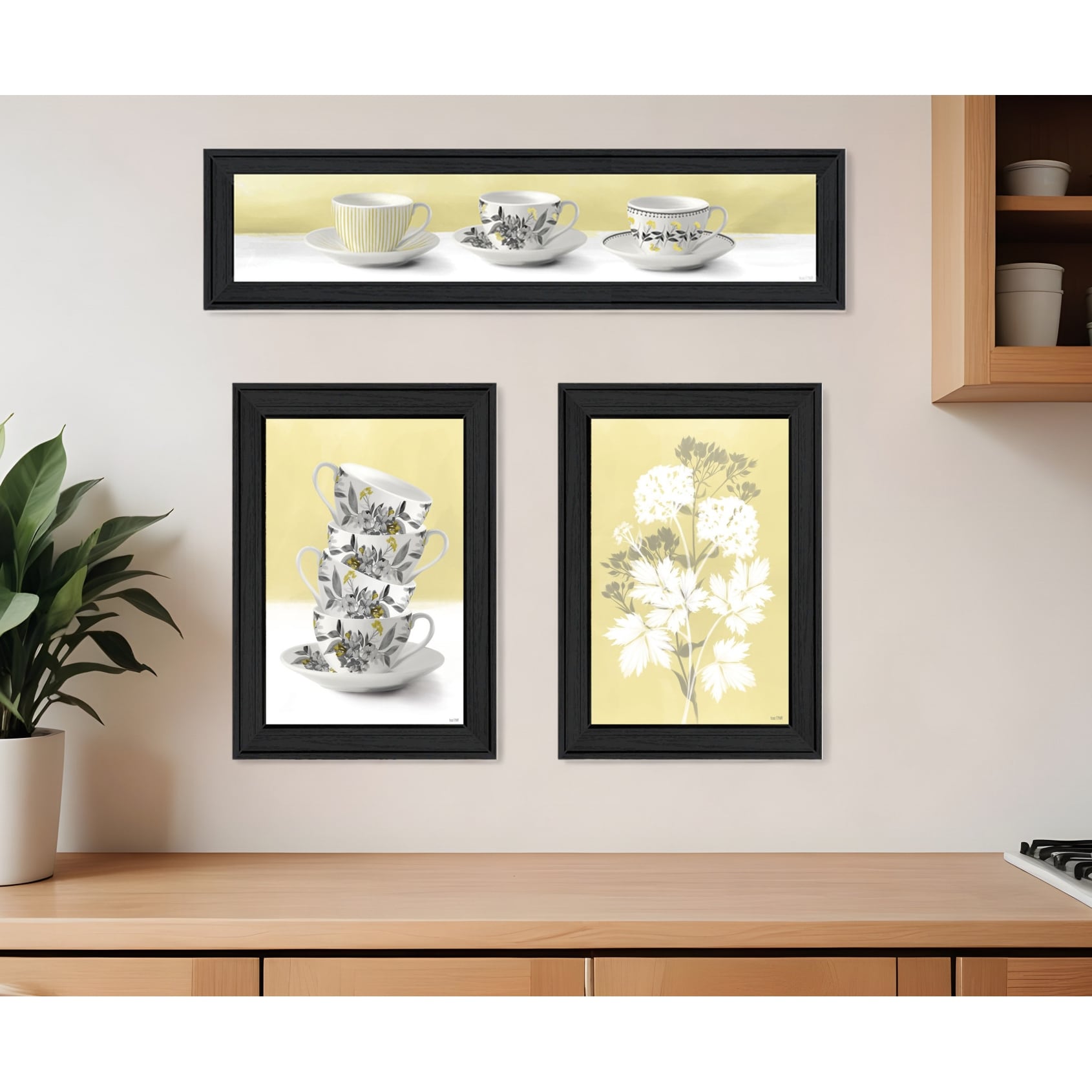 Homeroots Set Of Three Tea Cups And Yellow Flowers Black Framed Print Kitchen Wall Art