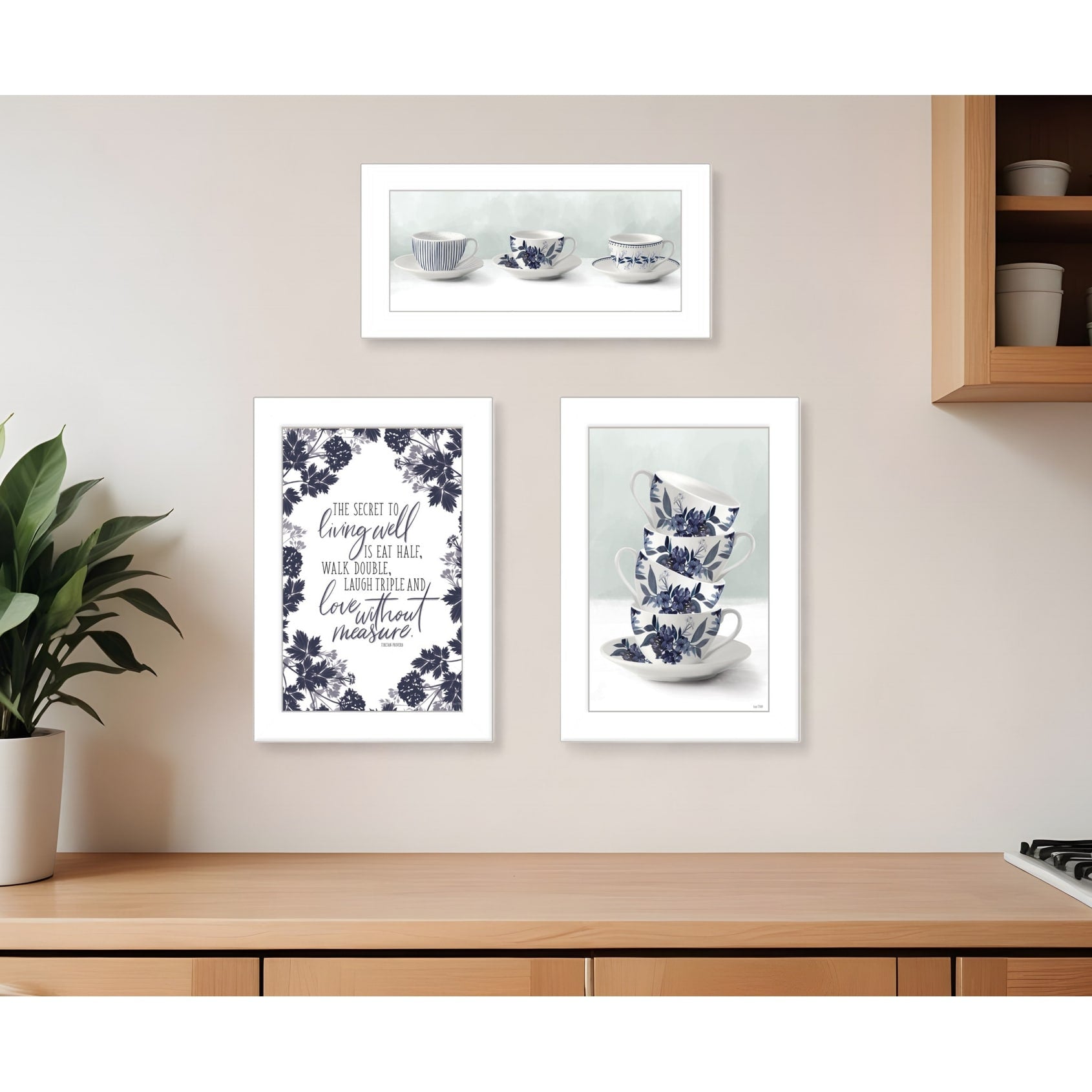 Homeroots Set Of Three Tea Tower With Cups And Sauces White Framed Print Kitchen Wall Art