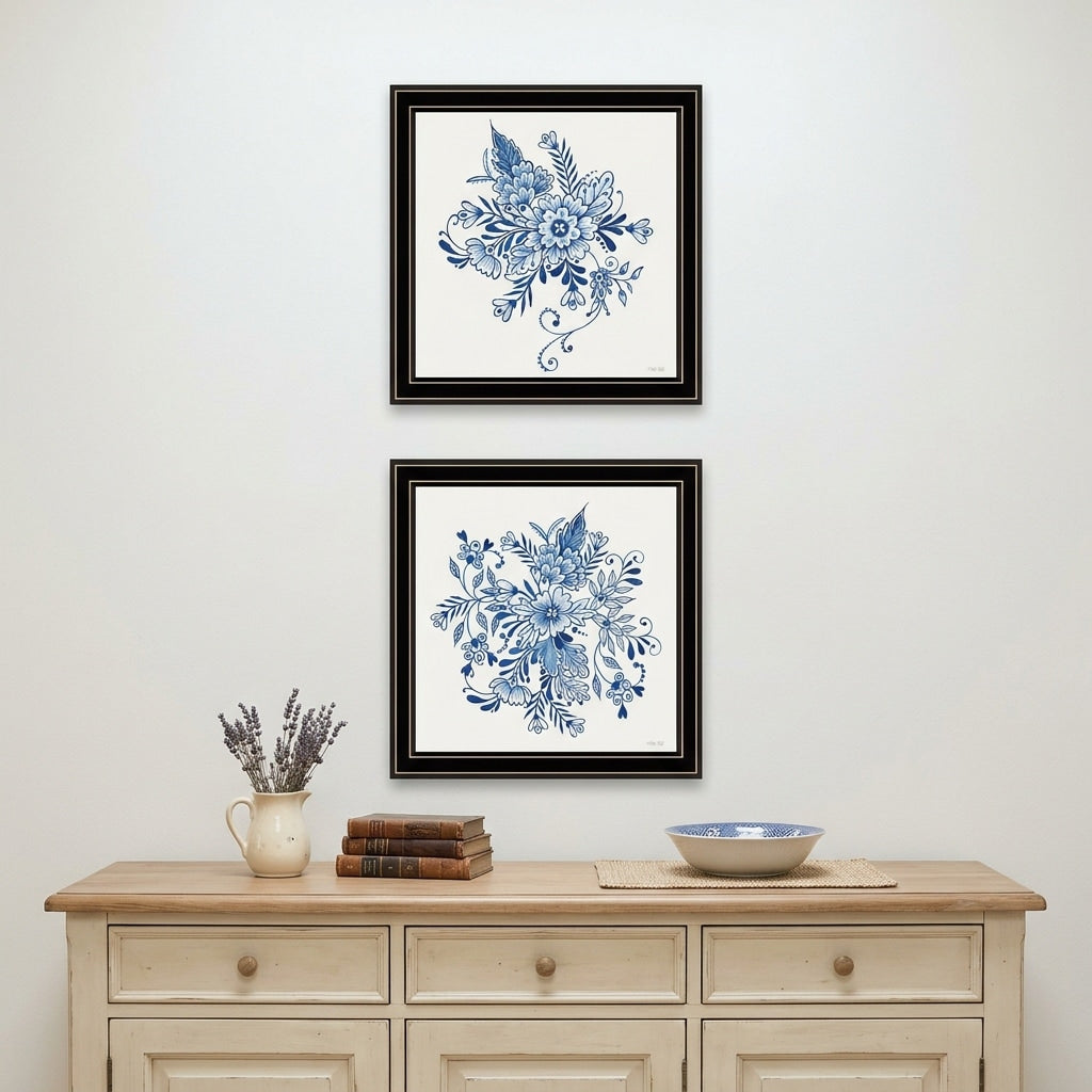 Homeroots Set Of Two Blue And White Delph Floral Black Framed Wall Art