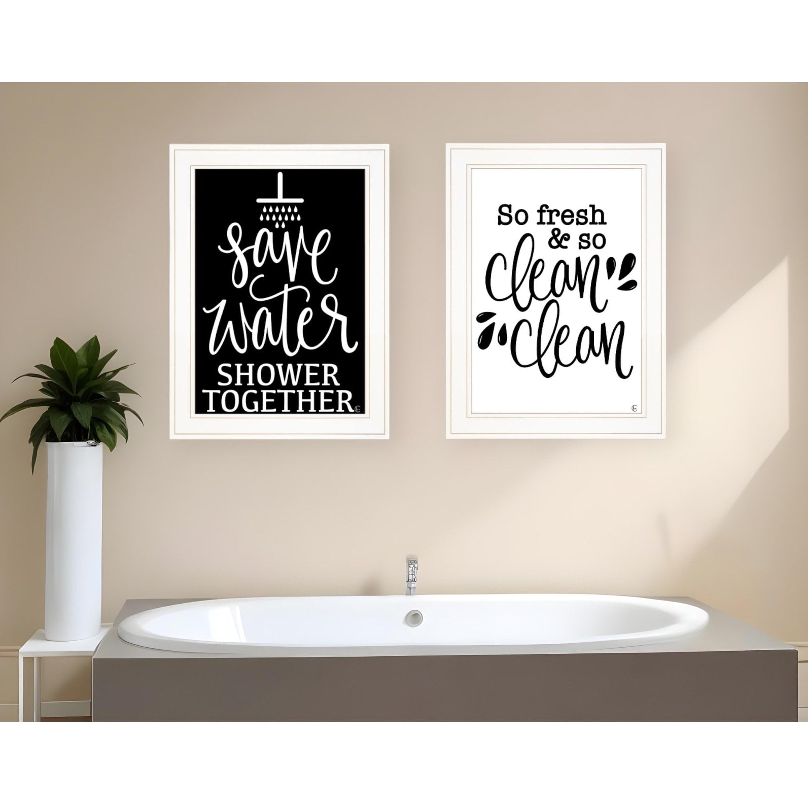 Homeroots Set Of Two Clean Or Shower Together White Framed Print Bathroom Wall Art