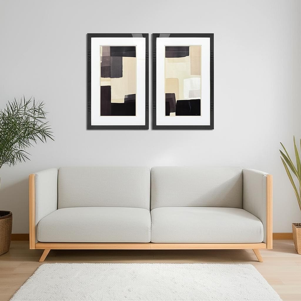 Homeroots Set Of Two Neutral Shapes Black Framed Wall Art