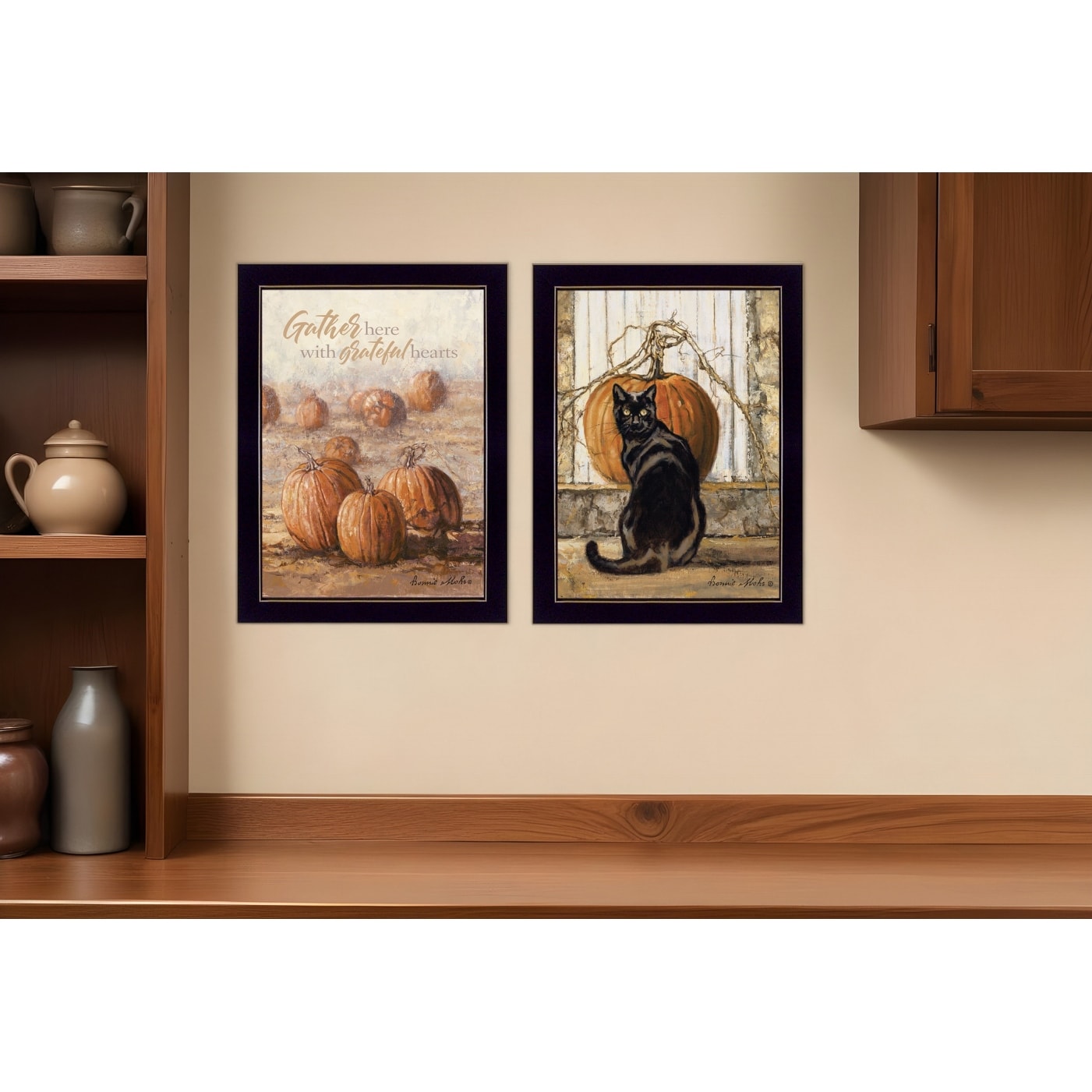 Homeroots Set Of Two Pumpkins With A Black Cat Black Framed Print Wall Art