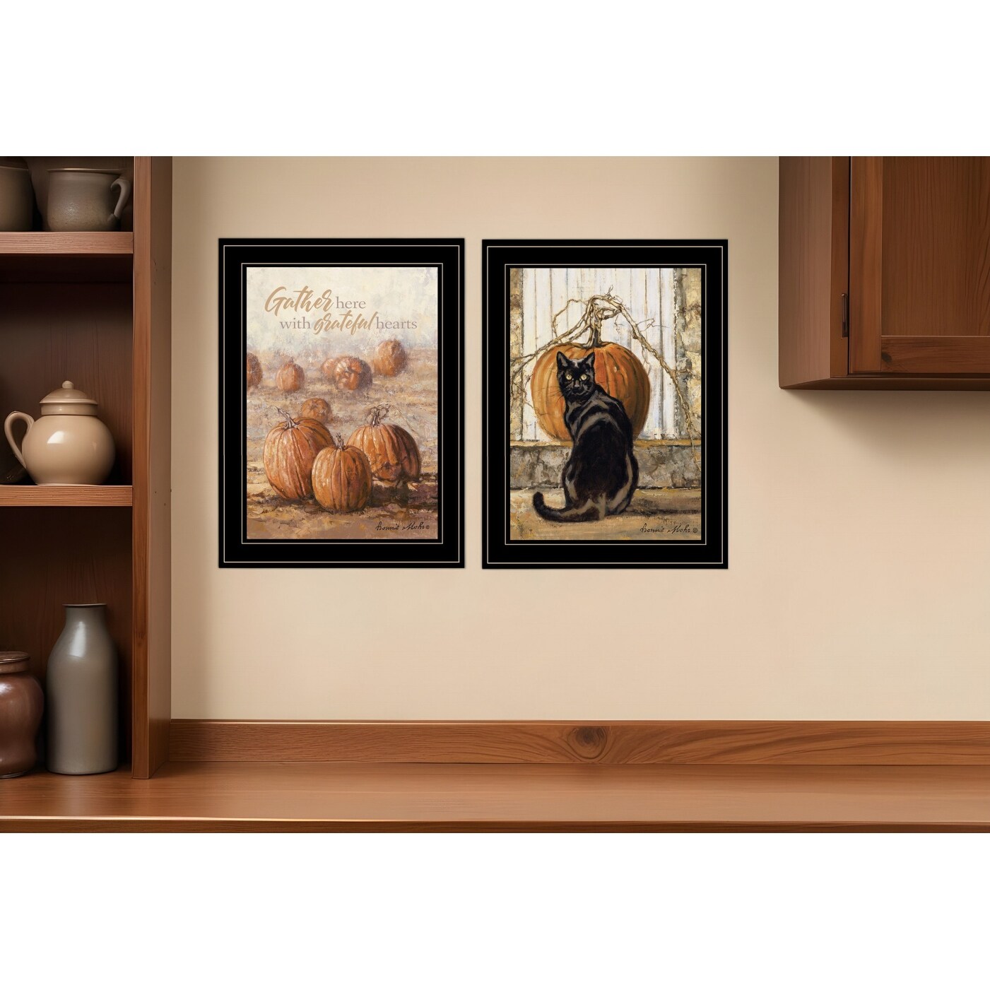 Homeroots Set Of Two Pumpkins With A Black Cat Black Framed Print Wall Art