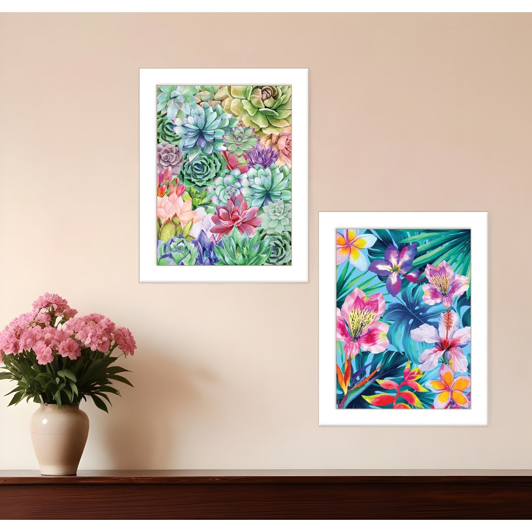 Homeroots Set Of Two Succulents Paradise And Tropical Flowers White Framed Print Wall Art